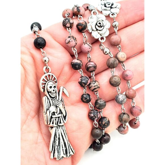 Handmade Rhodonite Santa Muerte Rosary. Holy Death Amulet Talisman Prayer Beads. - Picture 3 of 10